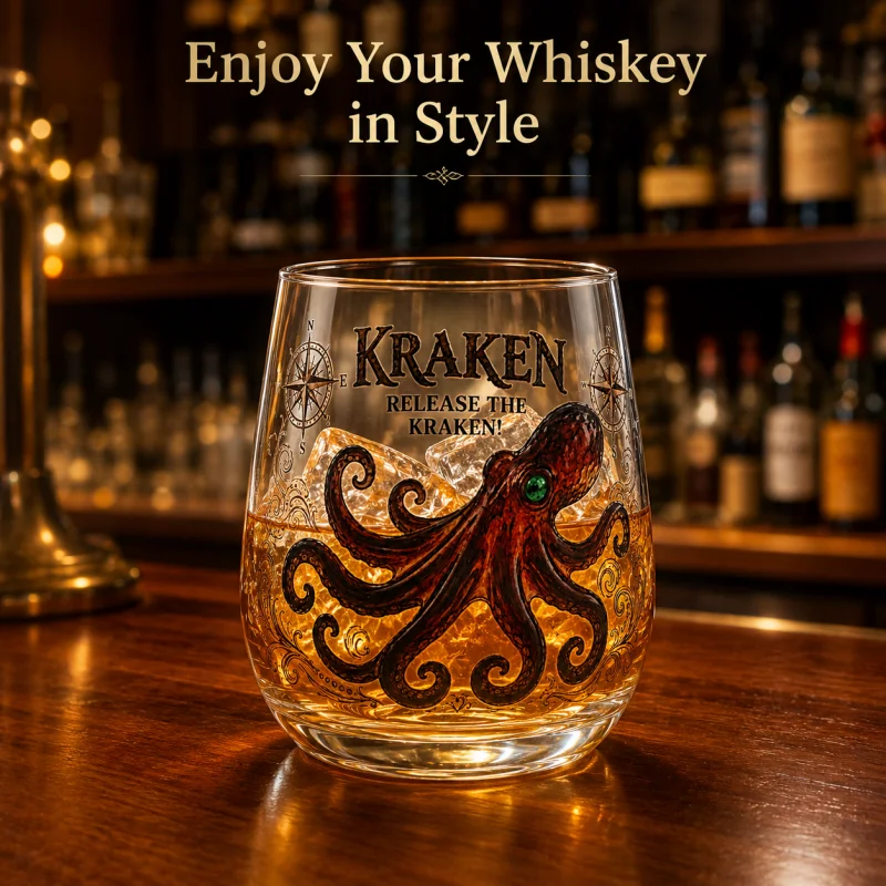Vintage Kraken Octopus Whiskey Tumbler, Nautical Compass Printed Heavy Clear Glass Cup for Bourbon Rum Cocktail,Unique Bar Decor