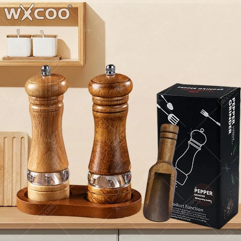 

WXCOO 6inch Wood Salt Pepper Grinder Manual Salt Shakers Kitchen BBQ Cooking Adjustable Ceramic Rotor Salt Grinding Bottle Set