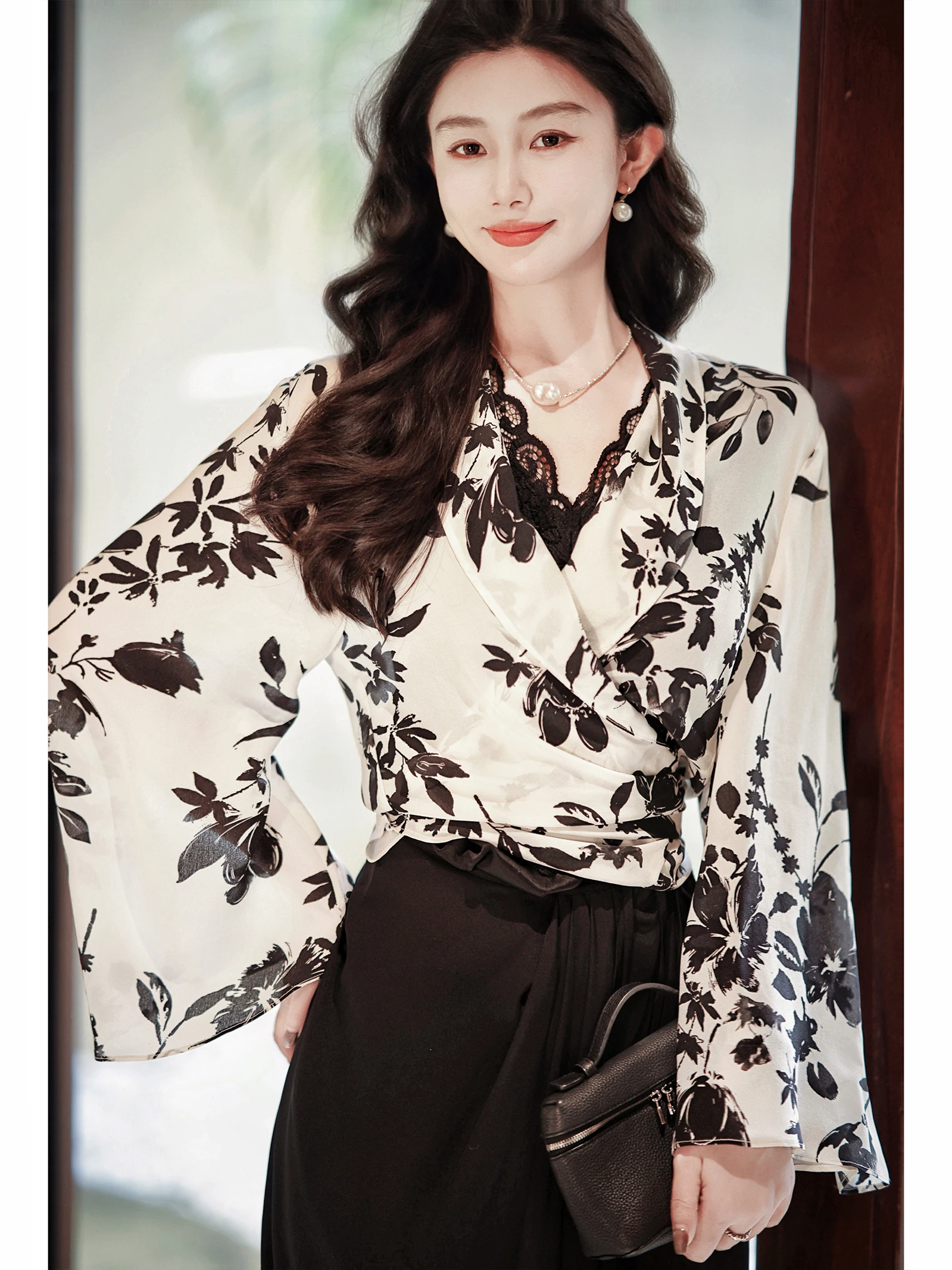 

Оригинальный дизайн, шелковый воротник с перекрестным воротником, маленький irt Ele Simple Sle Long Sve, женская кружевная одежда irt Snowflake Design, одежда для поездок на работу