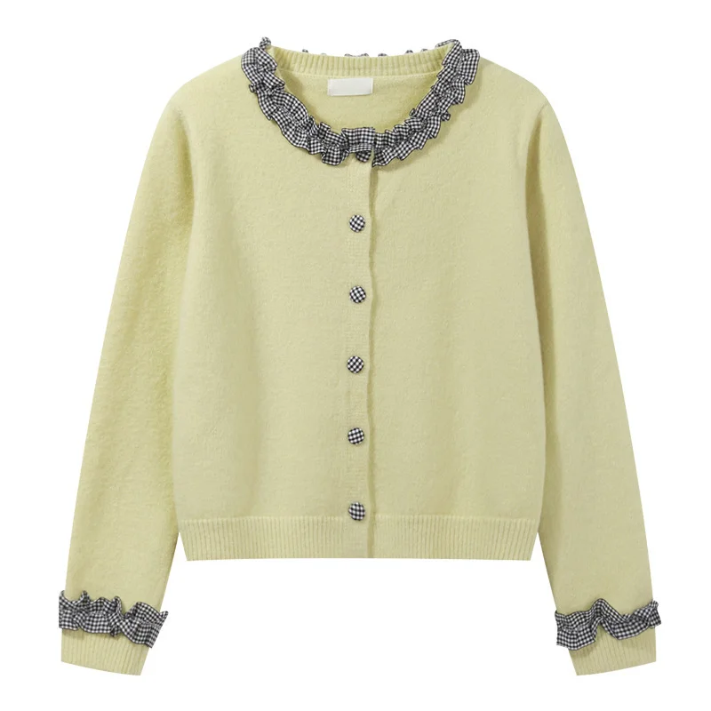 

Splicing Plaid O-neck Sweater Women 2025 Spring Autumn New Korean Sweet Knit New Cardigan Fashion Versatile Long Sleeved Top