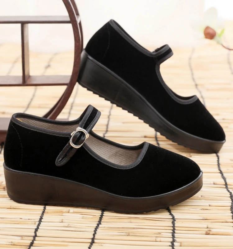 Zapatos de Tacón Bajo para Mujer, Zapatos de Tela de Pekín, Zapatos de Baile para Camarera de Hotel, Zapatos Sin Cordones con Punta Redonda, Suela de PU Informal