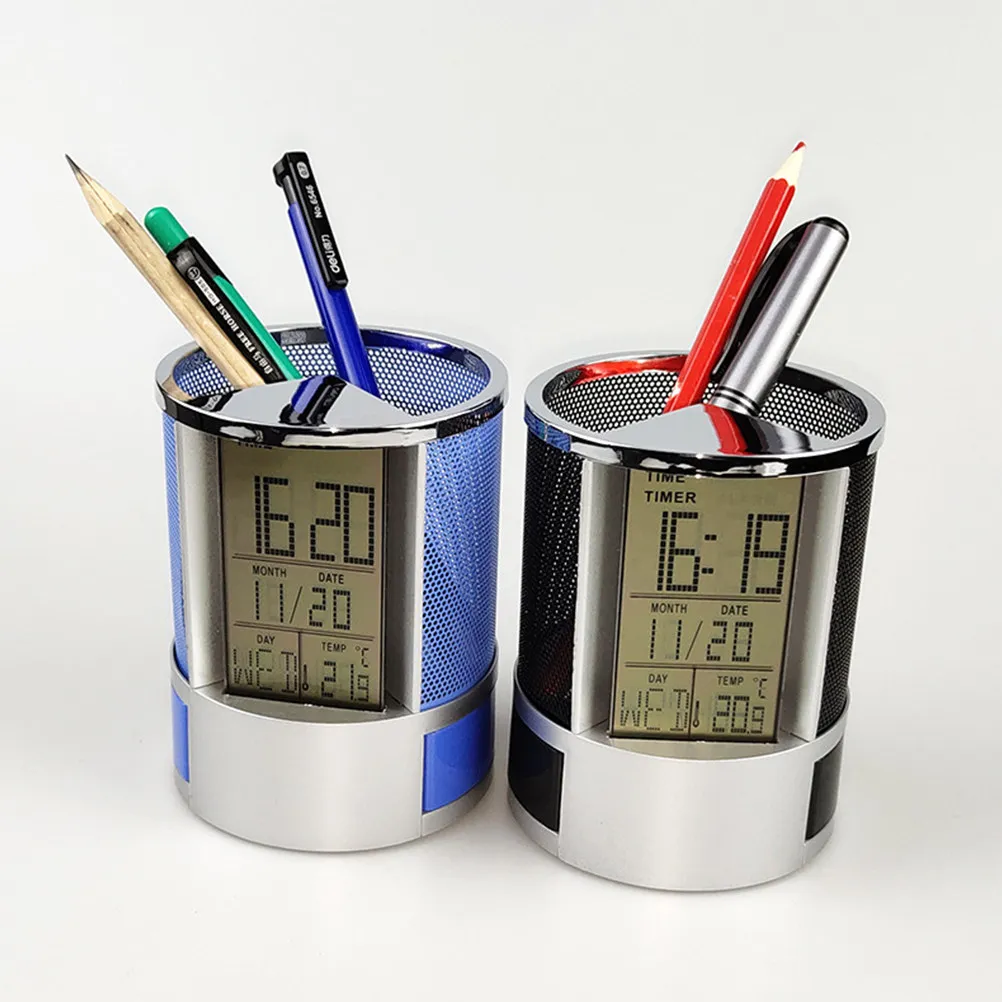 Multifunction Pen Holder Perpetual Calendar Clock Pen Container Steel Wire Mesh Pencil Organizer Desk Time Date Temperature