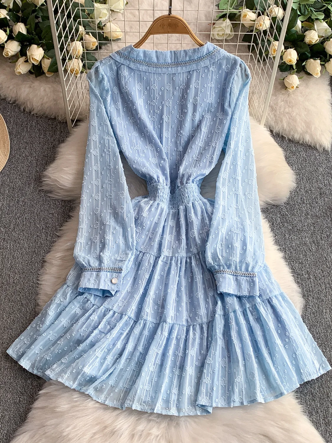 Ele Blue Doll Collar Dr Dames elastische taille geplooide halflange rok Zachte Sle Pure kleur Hoge taille Lange Sve