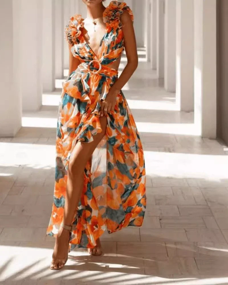 Saia longa sem encosto feminina, elegante vestido Y2K com alça, temperamento para pendulares, nova estampa de moda, verão 2022