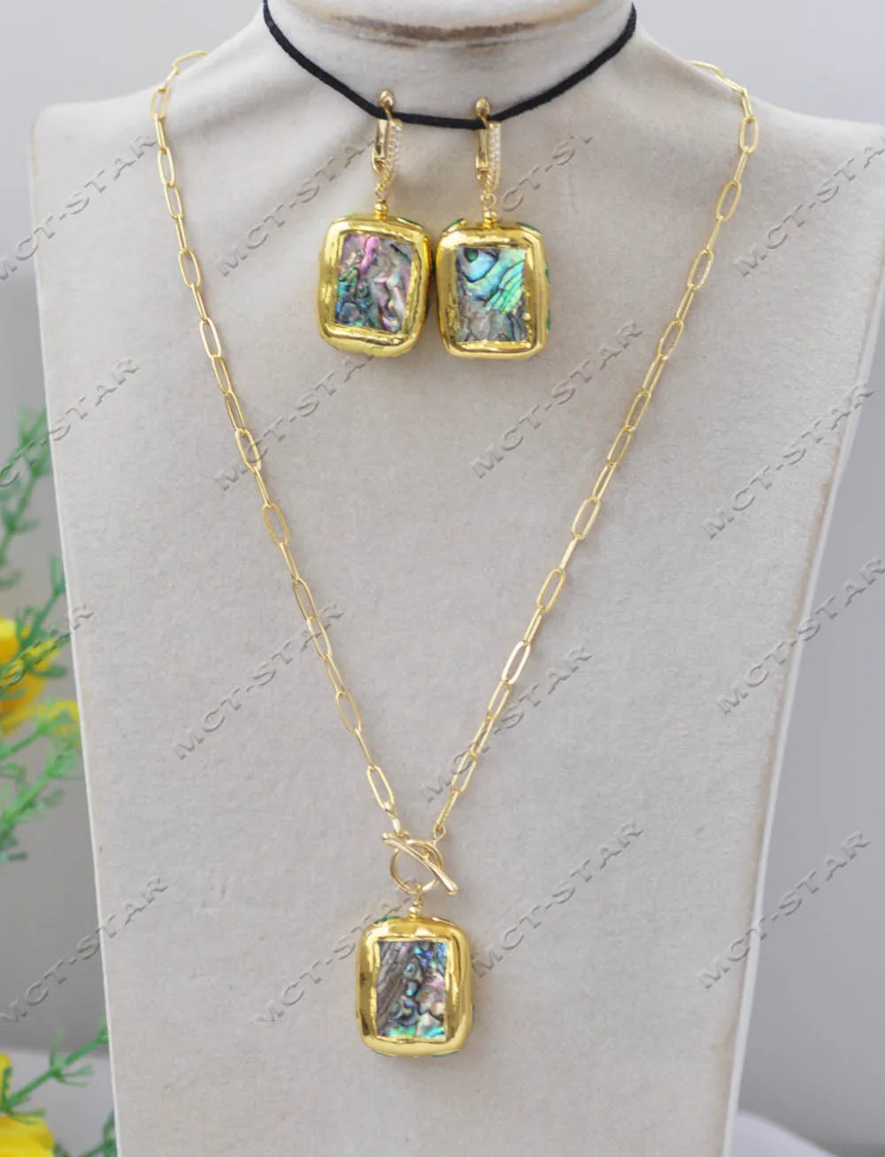 Z13276 Set 27mm Square Peacock Abalone Shell Gold Plating Earring Pendant CZ Custom Jewelry
