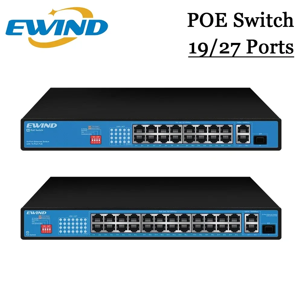 

EWIND POE Switch 16/24 Ports 10/100/1000Mbps Ethernet Switch Support AI Watchdog Port self-healing for IP Camera,for home NVR