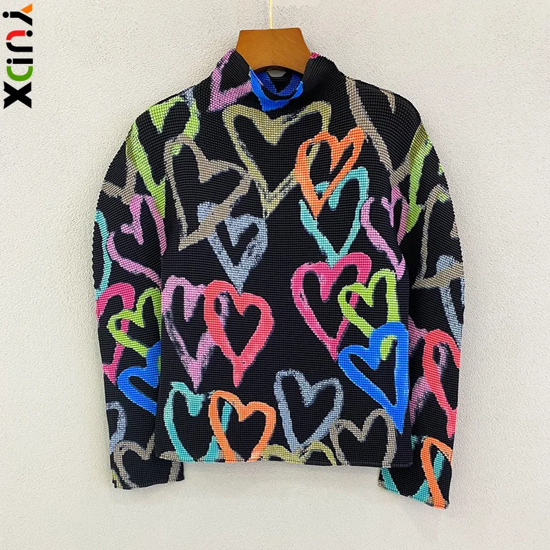 

YUDX Miyake Women Turtleneck Long Sleeve Color Block Love Pattern Female Fashion Pleated T-shirt Top 2023 Spring Summer New