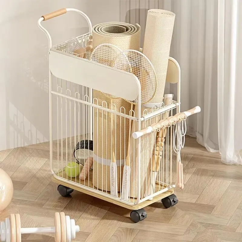 Removable Metal Wire Storage Rack with Wheels for Yoga Mats and Outdoor Sports Equipment Floor Trolley Shelf for Living Room
