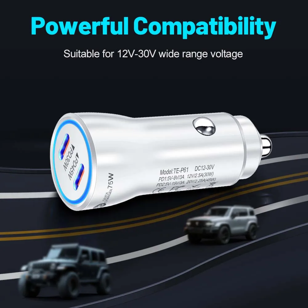 75 واط USB C شاحن سيارة منافذ مزدوجة نوع C PD شاحن في سيارة محول شحن سريع آيفون 15 14 شاومي سامسونج شاحن هاتف السيارة #6