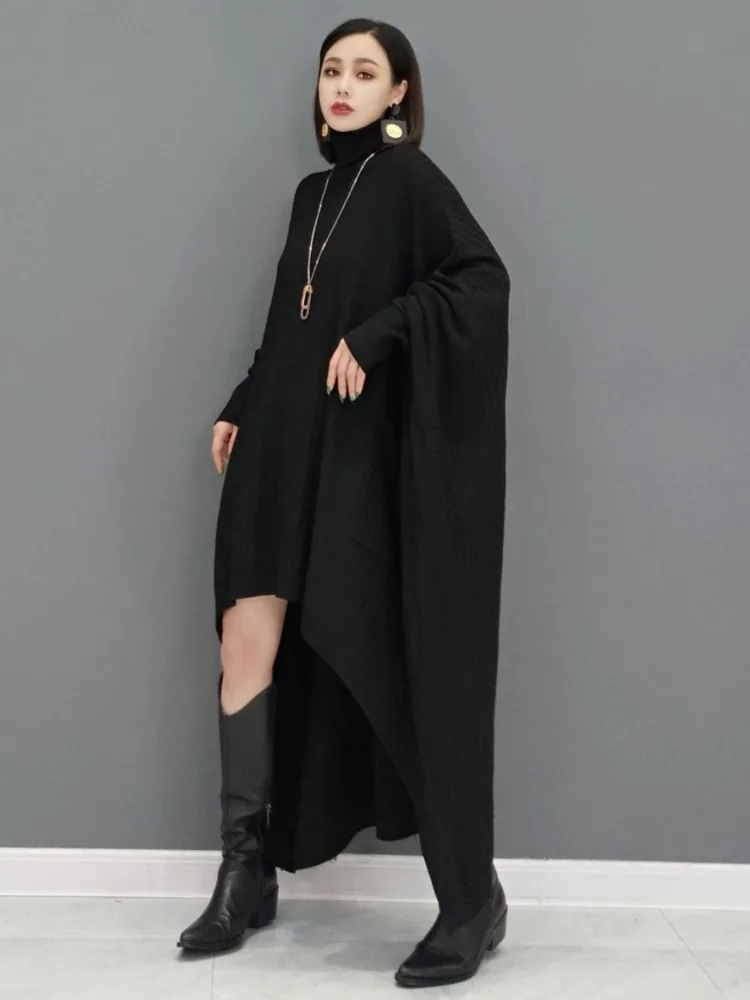 SHENGPAIAE Pleated Long Sleeve Turtleneck Irregular Dress Wool Sweater Sweater Loose Robe Dresses Women 2024 Female New 5Q694