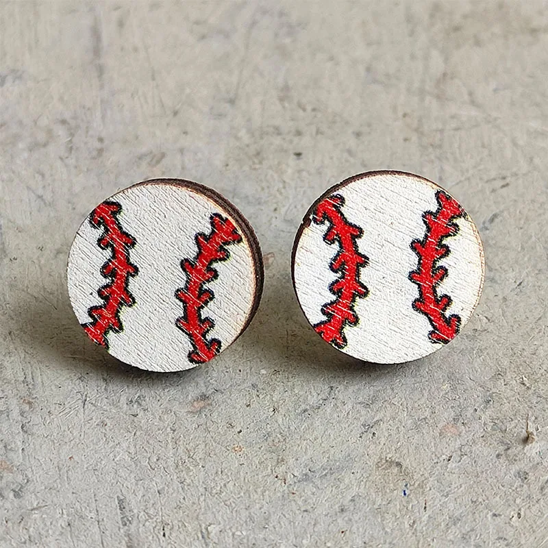 15mm Yellow White Red Line Baseball Softball Wood Stud Earrings for Women Girls Fans Delicate Sports Studs  Jewelry Gifts