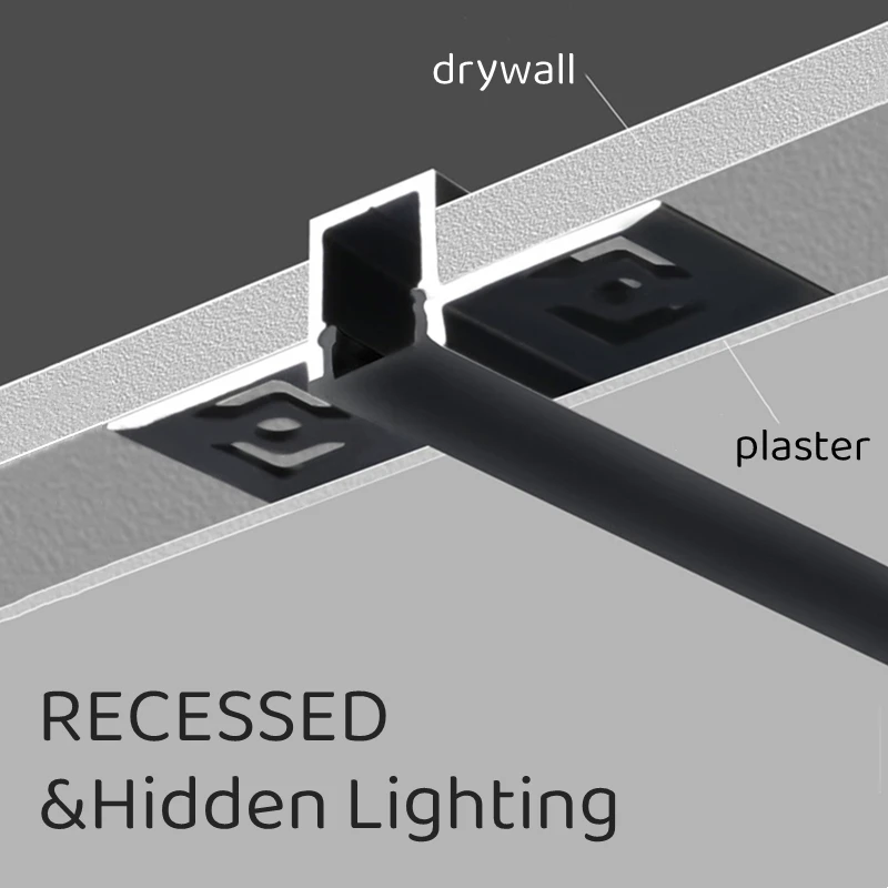 무테 블랙 LED 알루미늄 프로파일, 보이지 않는 내장 천장, 건식 벽체 채널, 벽 장식 바, 선형 스트립 조명, 0.5m/1m/pcs