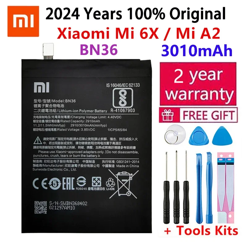 

2024 Years BN36 Original Battery For Xiaomi Mi 6X A2 Mi6X MiA2 3000mAh Phone Batteries Bateria Fast Shipping + Tools