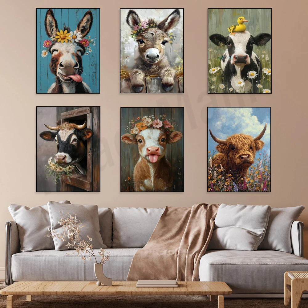 Cute cows, calves, donkeys, Highland cow portrait canvas paintings, meadow and flower decorations, farmhouse animal posters.