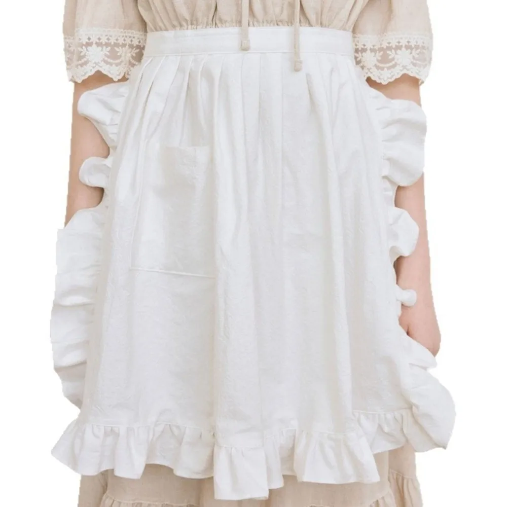 Fashion White Half Body Apron Ruffle Edge with Pocket Work Apron Anti Fouling Cotton Material Short Apron For Cafe