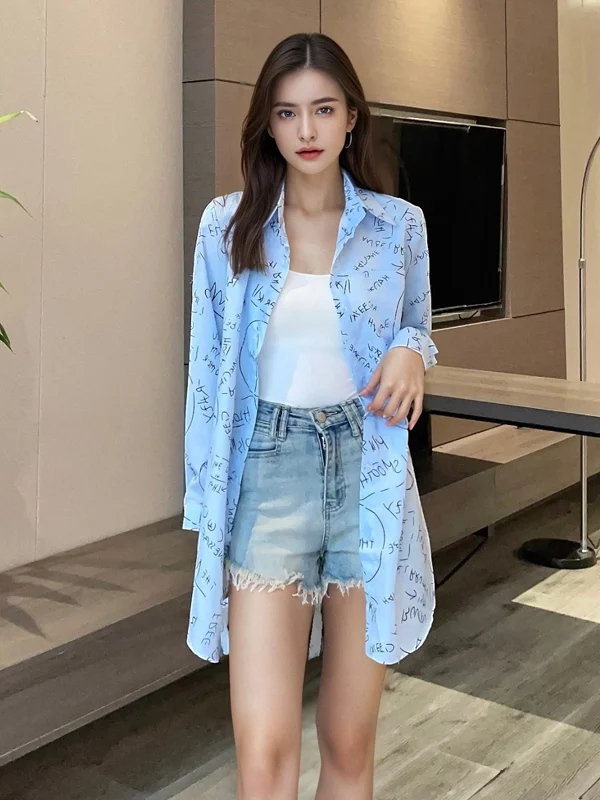 

Women's Loose Fit Long Sve irt Summer Letter Print Sun Protection Mid-Length Collar Polyester Fiber Thin Fabric