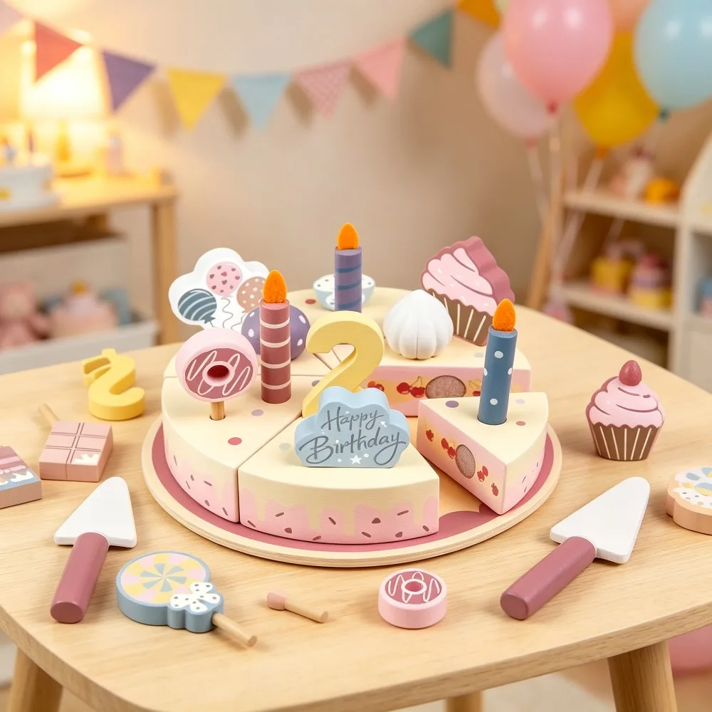 Wooden Kids Kitchen Pretend Play Set Simulation Birthday Cake Cutting Food Toy Role Play Game Educational Gift for Boys Girls