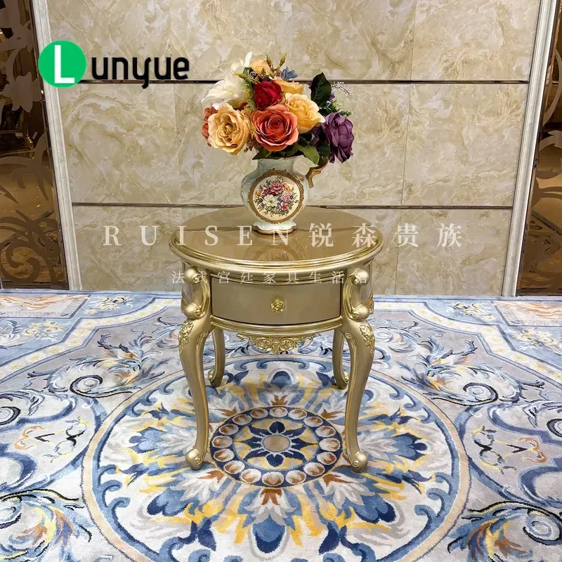 French European Luxury Solid Wood Engraved Sofa Side Table with Drawer Small Round Phone Rack End Table for Living Room