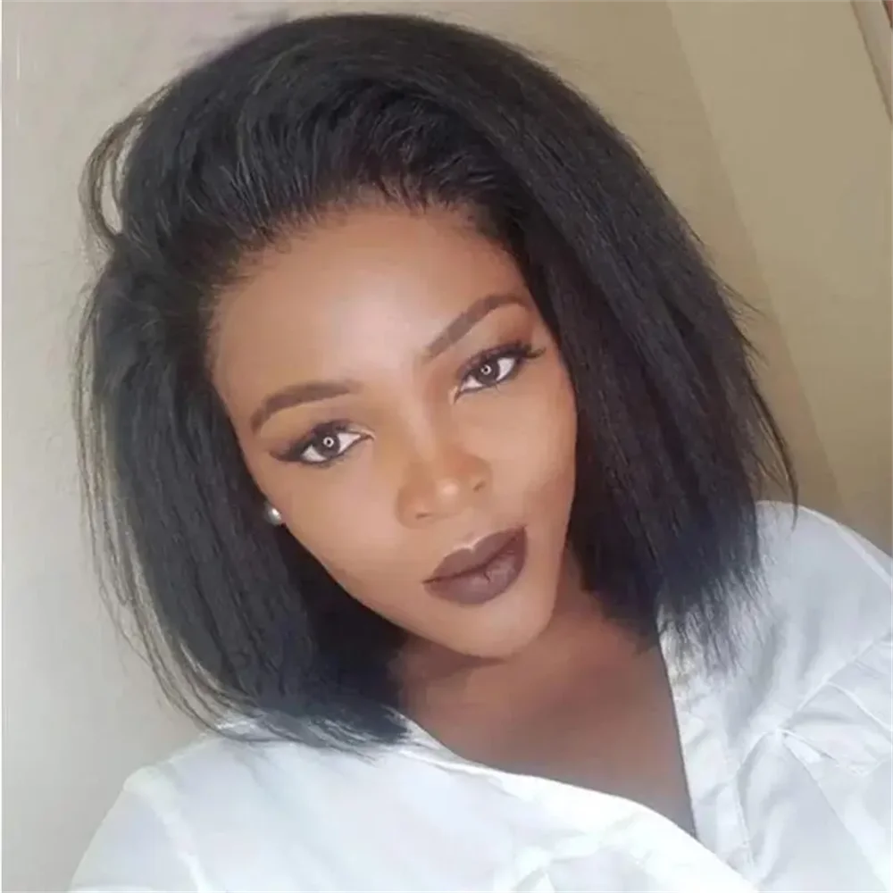 

Yaki 26 inch Soft black 180 Density Kinky straight Lace Front Wig For Women With Baby Hair Synthetic Preplucked Glueless Daily