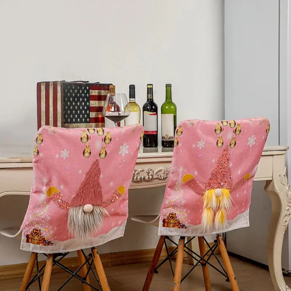 with LED Lights Christmas Pink Chair Covers Seat Protector Pink Gnome Chair Back Covers Removable Faceless Gnome