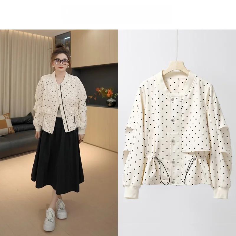 

Модная женская бейсбольная куртка в горошек, дышащая, повседневная, из полиэстера, с длинными рукавами, двубортная