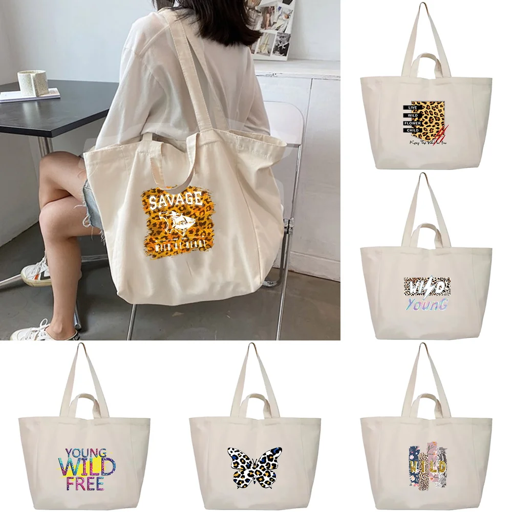 Shopping Storage Bags Women Canvas Shoulder Bag Handbags  Harajuku 2024 Casual Version Tote Packet Wild Print Organizer