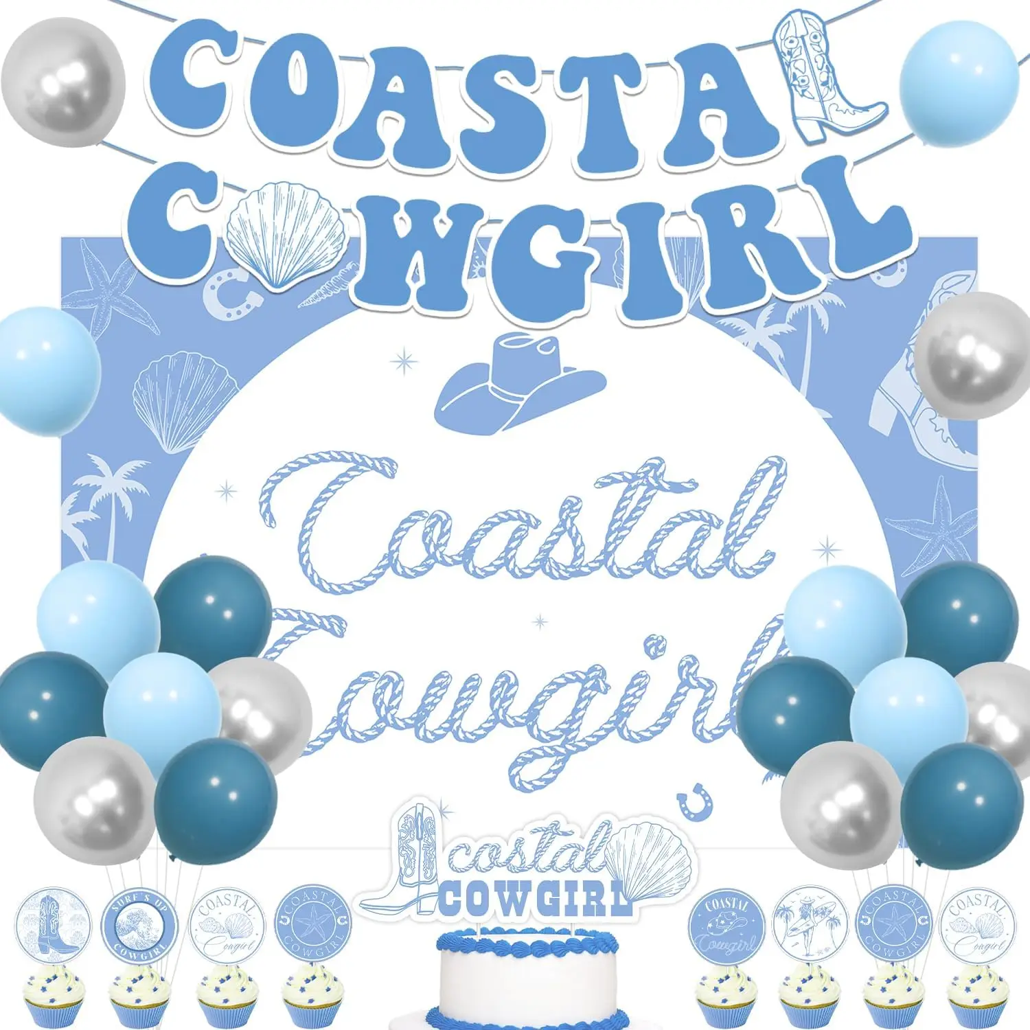 

Joymemo Coastal Cowgirl Bachelorette Party Decorations Blue Silvery Champagne Shell Palm Backdrop Banner Bridal Shower Supplies