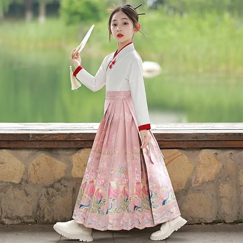 2023 New Arrival Vintage Chinese Hanfu Dress For Girls Traditional Embroidery Horse-face Skirt For Kids Princess Christmas Gift