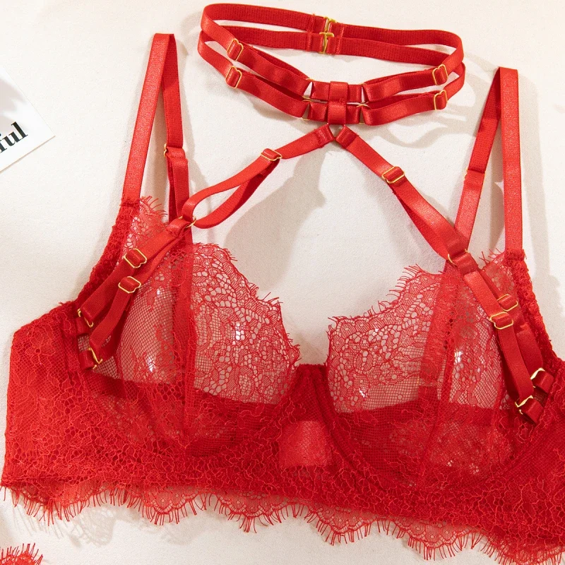 Bikini francese reggiseno intimo set sexy trasparente in pizzo ultrasottile