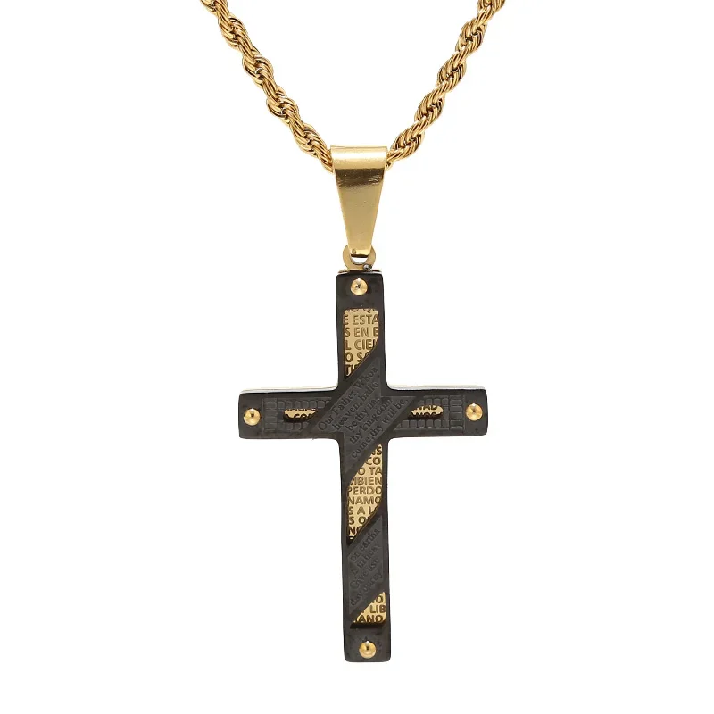 24inch golden Stainless Steel Black Cross Pendant Necklace for Men Lord's Prayer Necklace rope Chain