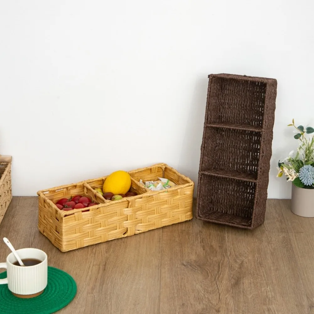 3-Section Storage Box Multi-Purpose Large Capacity Woven Storage Basket Space Saving Decorative Desktop Organizer Home Bedroom