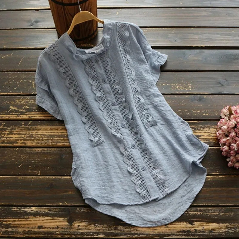 Women Summer Pure Cotton Ruffle Collar Lace Patchwork Shirt Loose Hide Belly Versatile Short Sleeve Blouse S-XXL