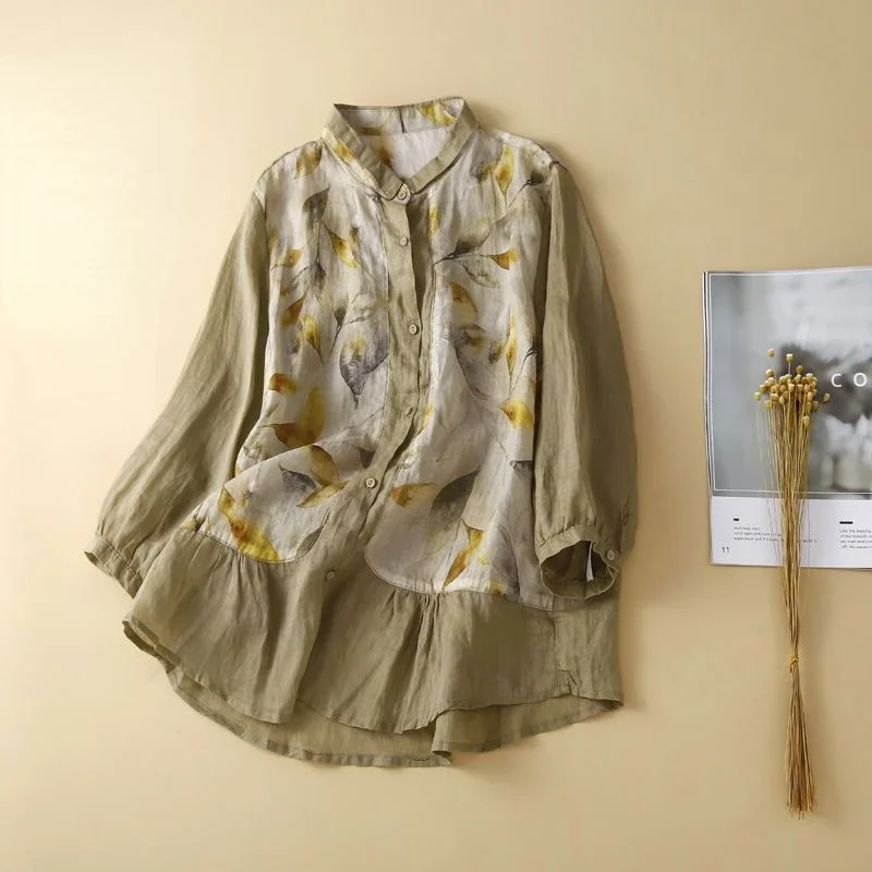 

Cotton Linen Shirt for Women's Design Sense Niche Temperament Three Quarter Sleeve Shirts Japanese Style Sun Protection Blouses