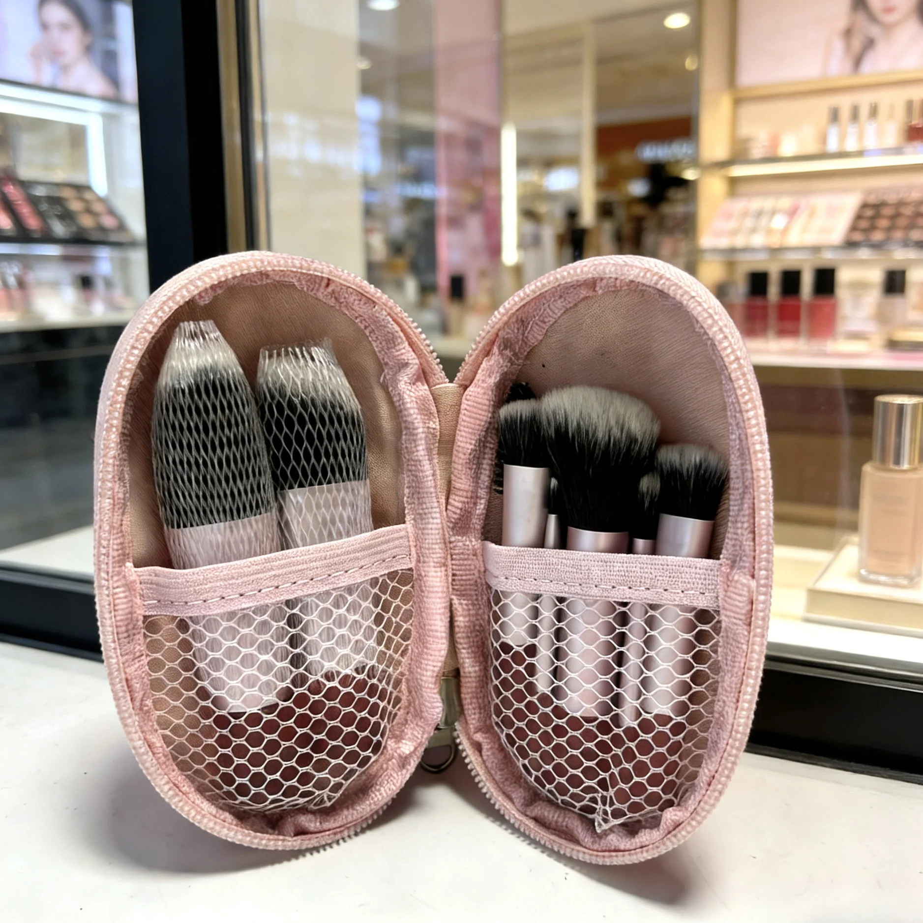 Cute Bear Pink Makeup Brush Set with Portable Case, Travel Mini Cosmetic Brush Kit for Girls