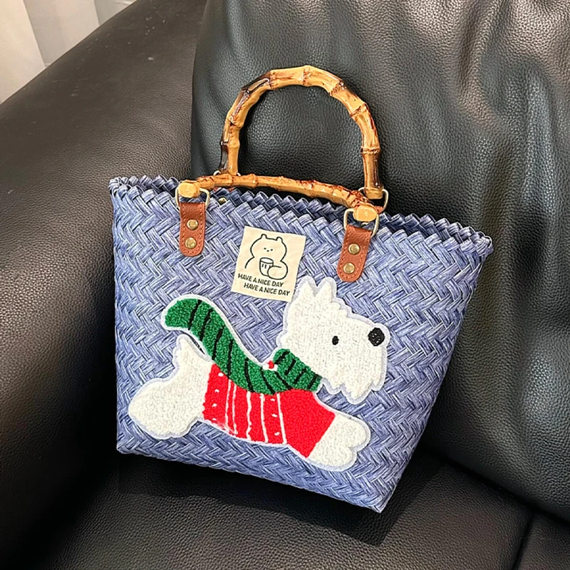 

Woven vegetable basket, dachshund dog bag, retro large-capacity commuting handbag, bring rice bag to work, sundries small bag
