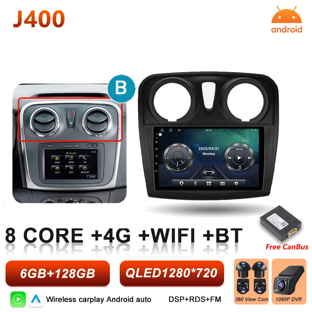 Android 16 Auto Autoradio voor Renault Logan Sandero 2 2012 - 2019 Draadloze Carplay Multimedia Speler GPS Navigatie DSP 5G Wifi