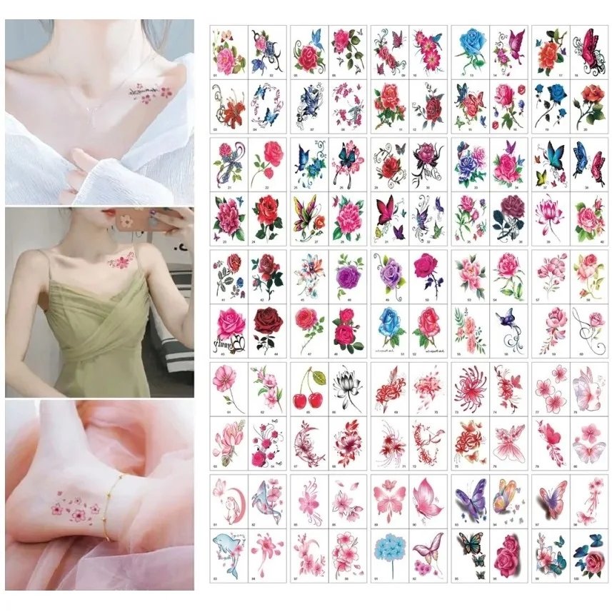 100pcs/Set Flowers Butterfly Temporary Tattoos No Repeat Waterproof Body Art Concealer Stickers Disposable tatouage temporaire