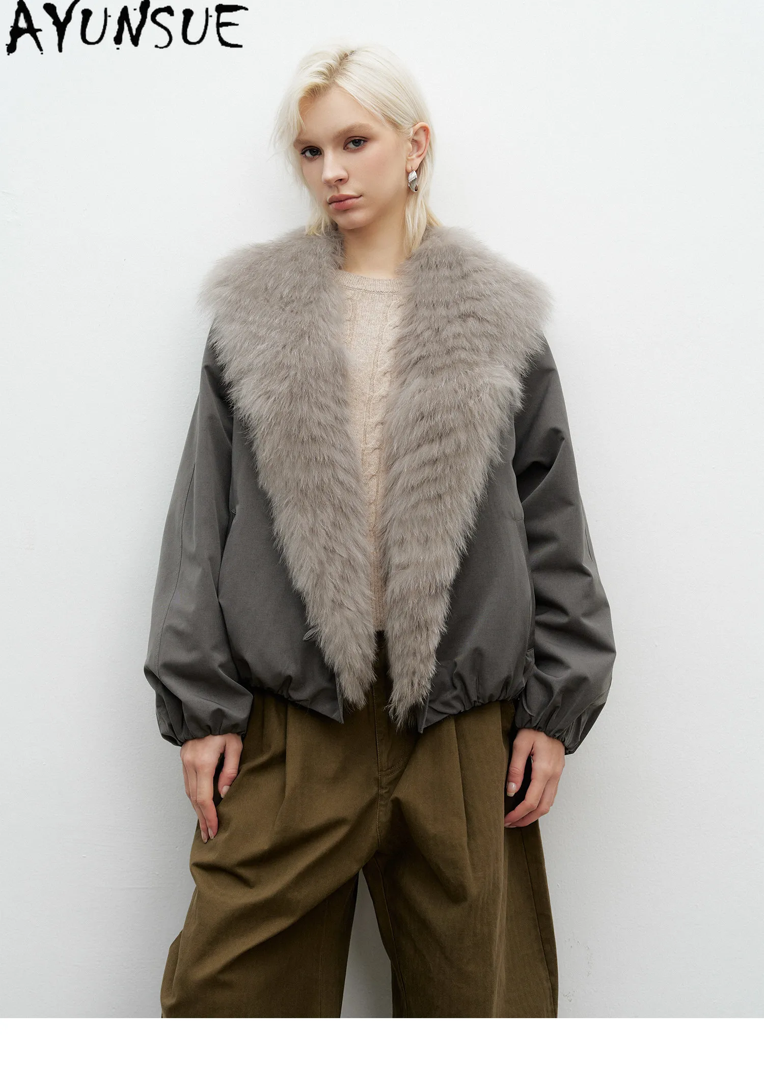 AYUNSUE White Goose Down Women Warm Winter Clothing Real Fox Fur Collar Down Jacket Loose Fit Fashion Short 2026 Пальто Женское