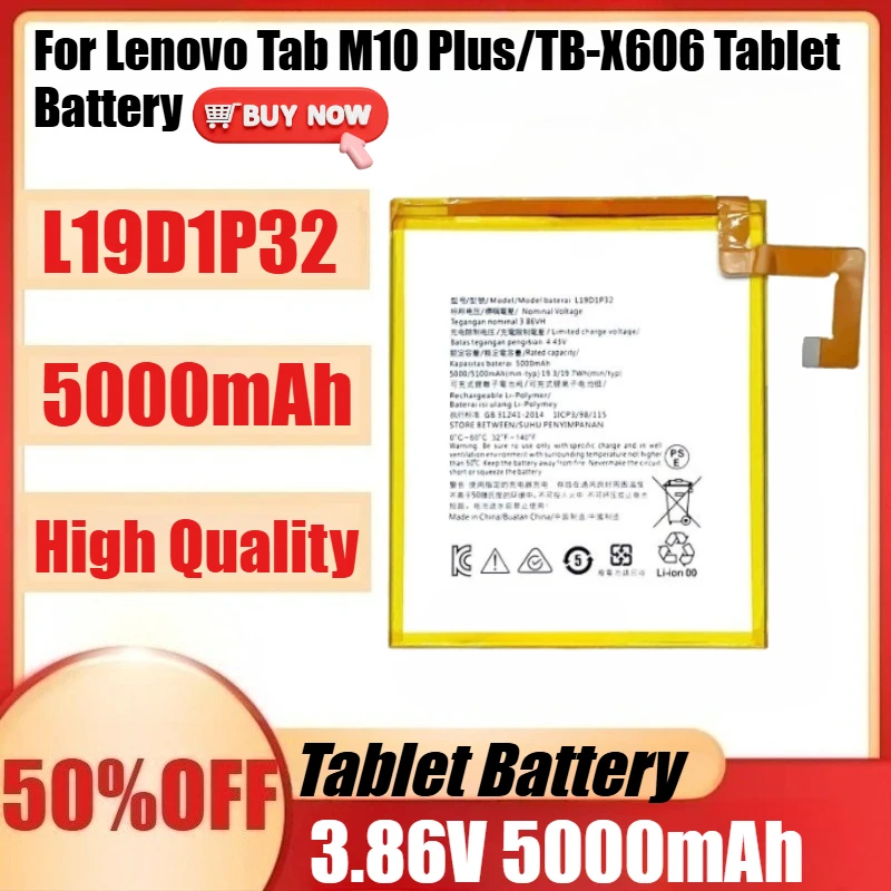 New L19D1P32 3.86V 5000mAh Battery L19D1P32 for Lenovo TAB M10 PLUS /TB-X606F/TB-X606 High Quality Battery