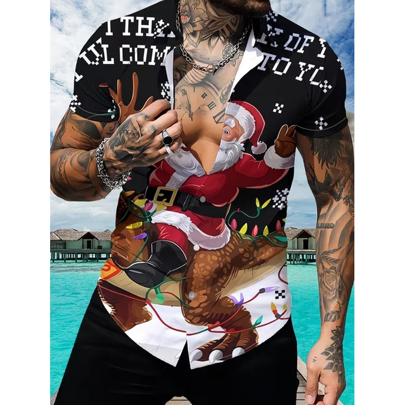 Xmas Flamingo Christmas Shirts with Colorful Lights and Snowflakes Black Hawaiian Shirt Short Sleeve Button Up Holiday Styles