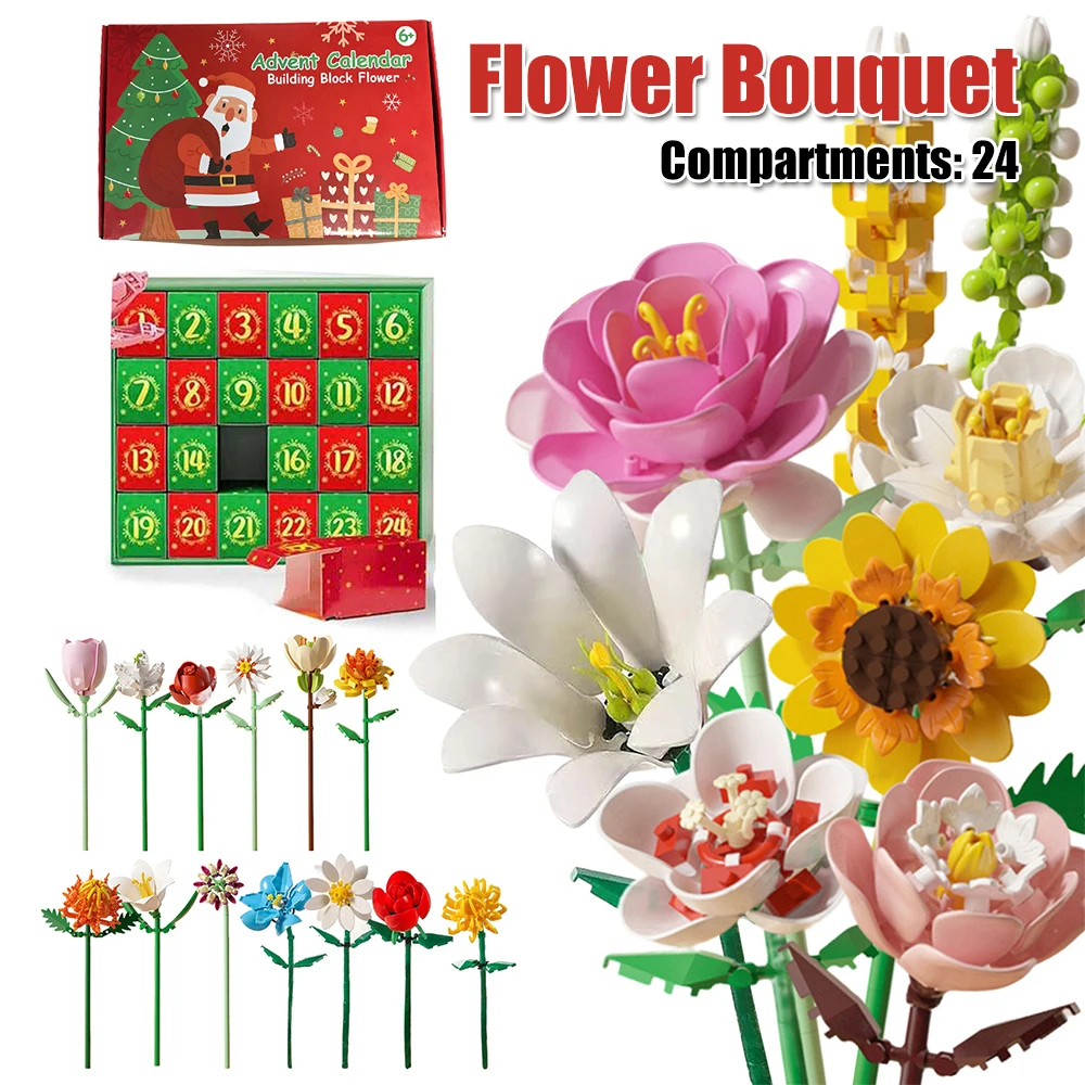 

Flower Bouquet Building Blocks Step-by-Step Guide 24-Day Holiday Christmas Countdown Advent Calendar 2025 lower Building Kits
