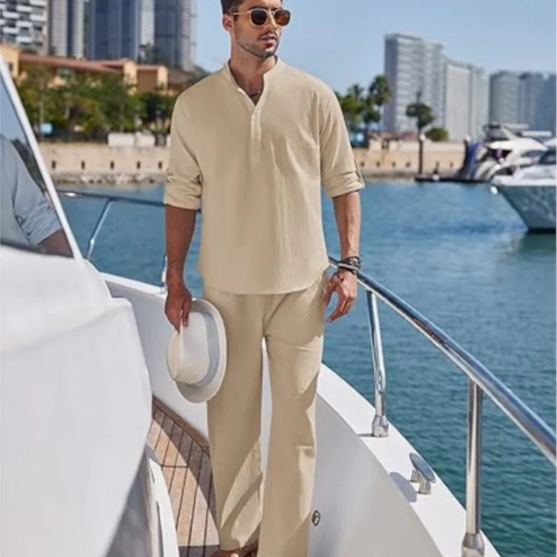 Summer New Men's Cotton Linen Shirt Set Vacation Men's Casual Henley Collar Long Sleeved Shirts + Beach Trousers 2-piece Set