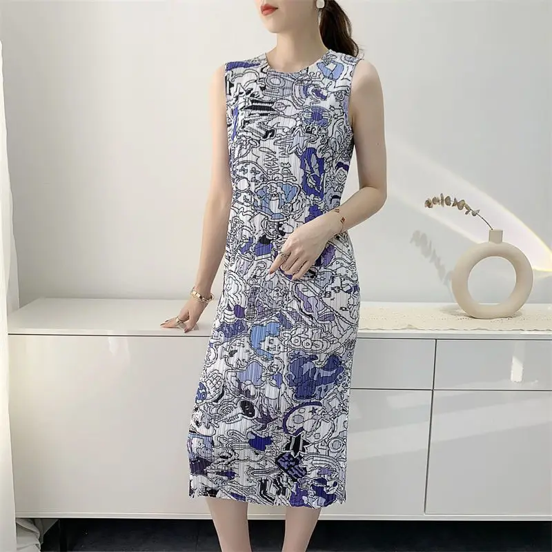 Pleated Dress Tank Top Skirt Women's 2023 Summer New Print Pleated Skirt Mid length  dresses for women 2023