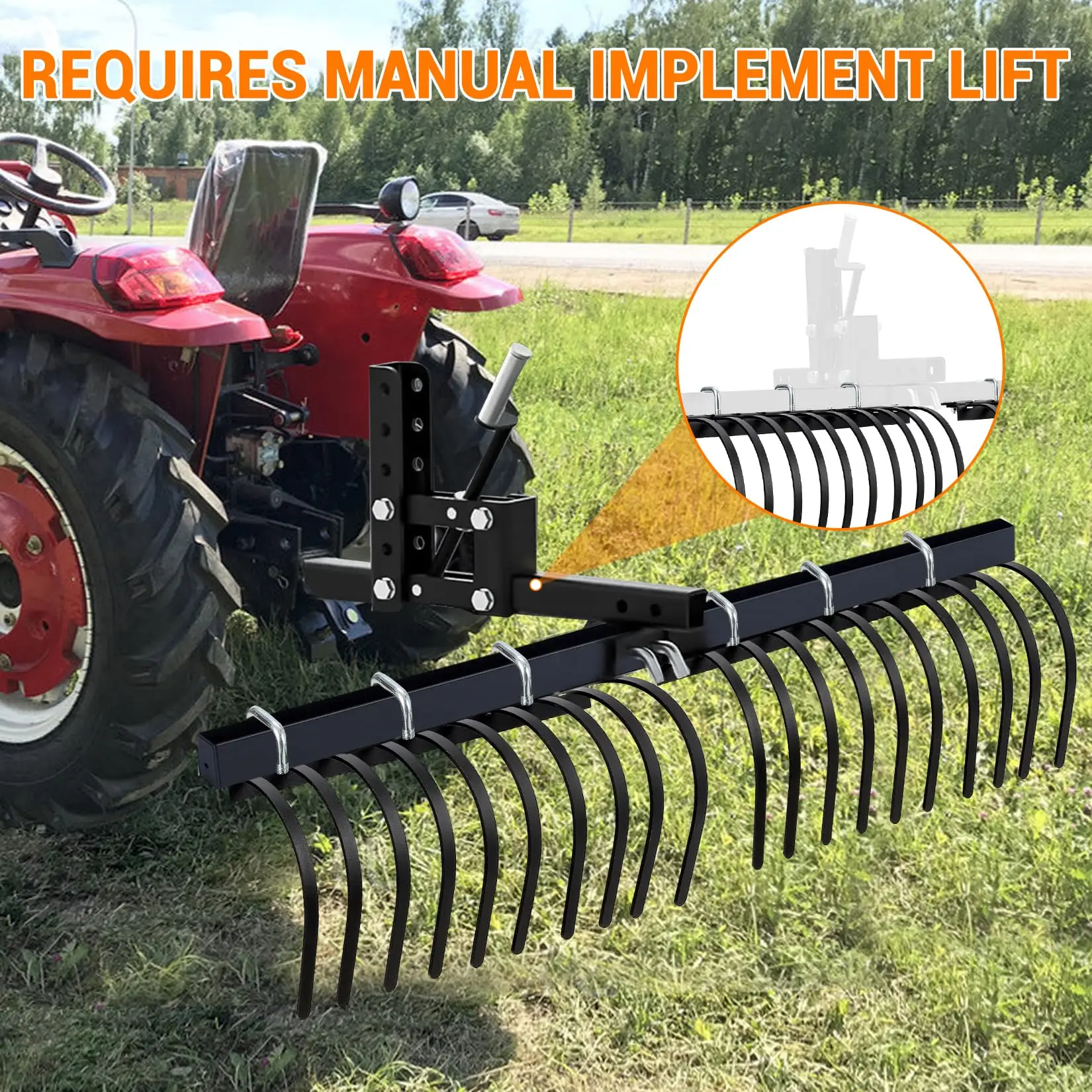 60" Landscape Rake For Tractor ATV UTV, 20 Tines Heavy Duty Rock Rake For Removal of Rock, Grass Clumps