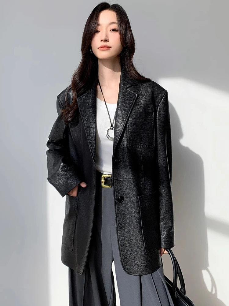 Mid-length Genuine Leather Blazer Jackets Women Spring Autumn 2025 New High-end Simple Lychee Texture Black Real Sheepskin Coat