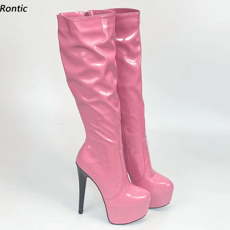 

Rontic женские зимние сапоги до колена из лакированной кожи, пикантные туфли на шпильке с круглым носком, довольно розовые абрикосовые белые туфли для вечеринок, размер США 5-20