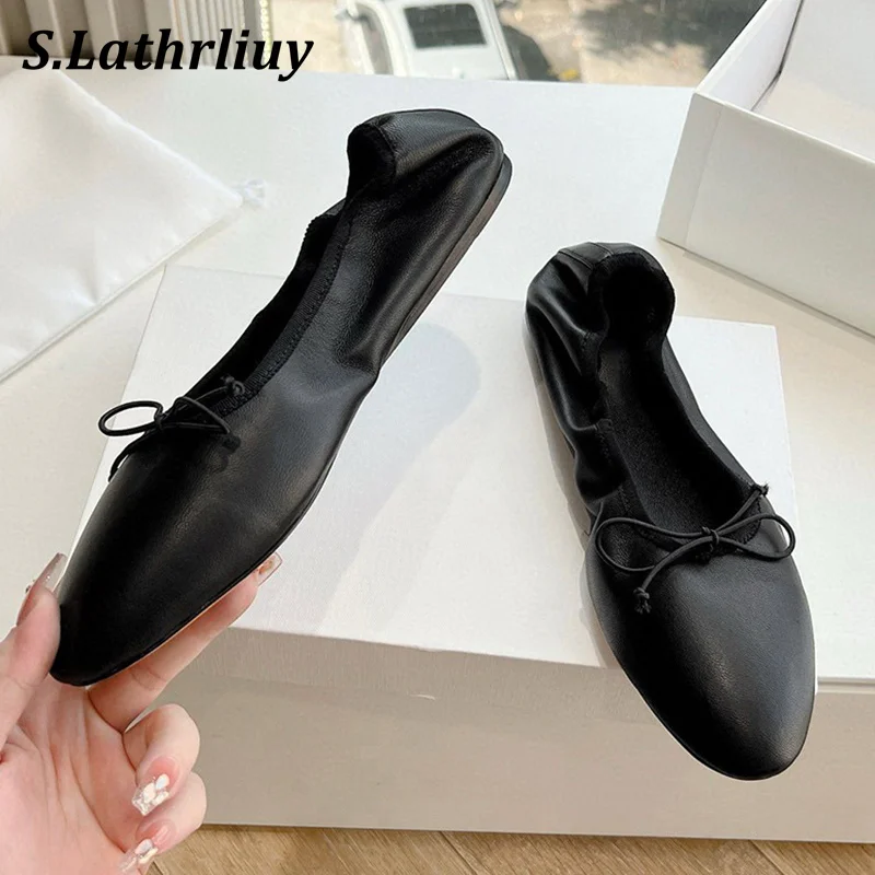 

2024 Spring Genuine Leather Mary Jane Shoes Women's Round Toe Bowknot Flat Shoes Elastic Band Ballet Shoes Daily Casual Shoes