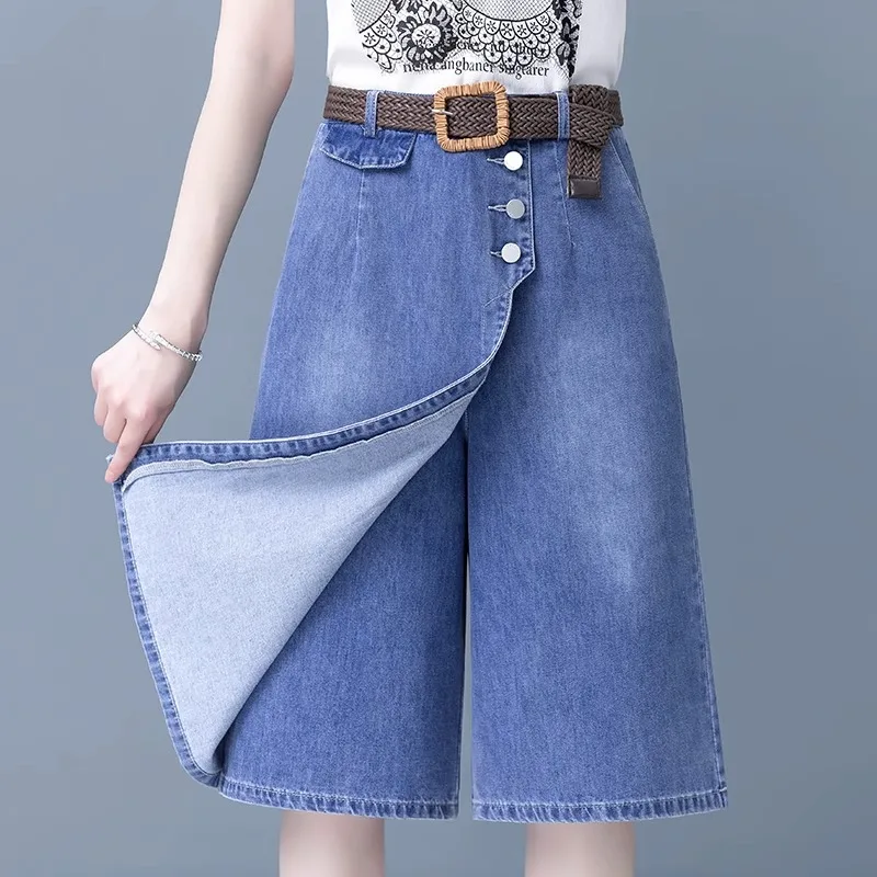 Blue Denim High Waist Slimming Loose Fit Half-length Skirt Pants Women's Spring Summer New Style Thin Material Comfortable Jeans