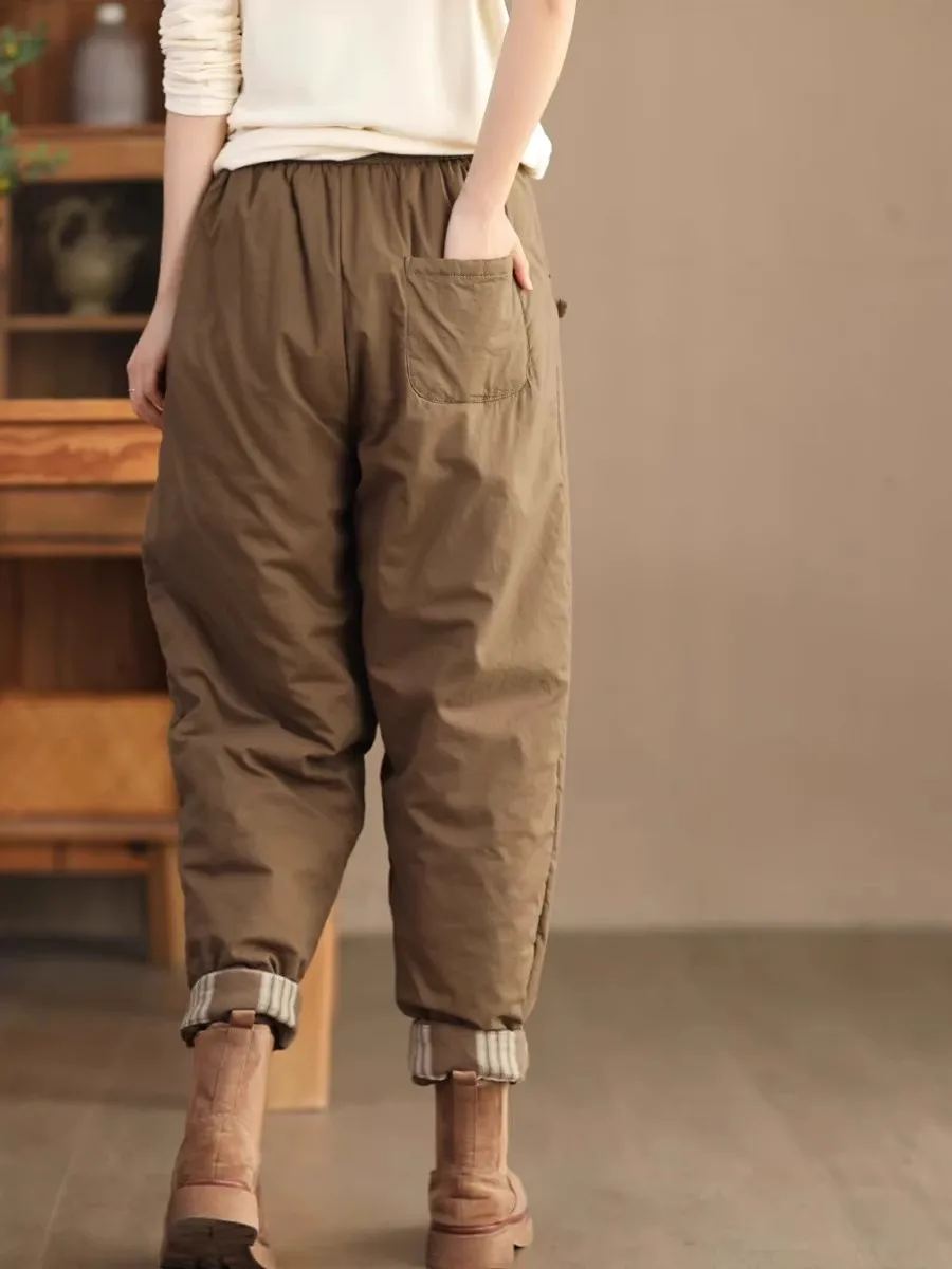 Retro Patchwork Outerwear Women Cotton-padded Trousers 2024 New Winter Office Lady Casual Loose Quilted Harem Pants Pantalones