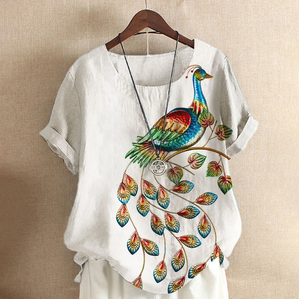 Women's T-shirt New Fashion Summer Peacock 3DPrint Round Neck Short Sleeve T-Shirt Casual Loose White Color Blouse Top Plus Size